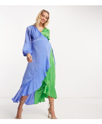 Flounce London Maternity balloon sleeve ruffle maxi dress in contrast blue and green-Multi