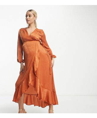 Flounce London Maternity long sleeve satin wrap maxi dress in cinnamon-Orange