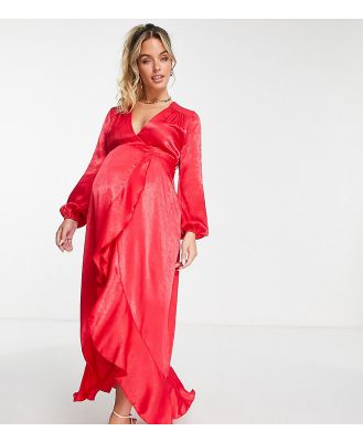 Flounce London Maternity satin long sleeve wrap maxi dress in red