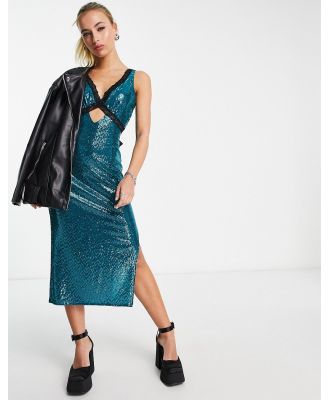 Flounce London midi metallic sparkle dress with contrasting lace trim-Blue