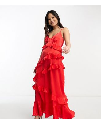 Flounce London Petite all over ruffle cami maxi dress in red
