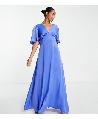 Flounce London Petite satin flutter sleeve maxi dress with plunge front in blue