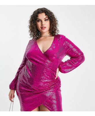 Flounce London Plus long sleeve mini wrap dress in hot pink metallic sparkle