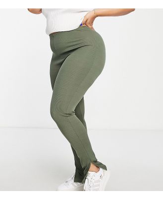 Flounce London Plus narrow ribbed leggings with side split in khaki-Green