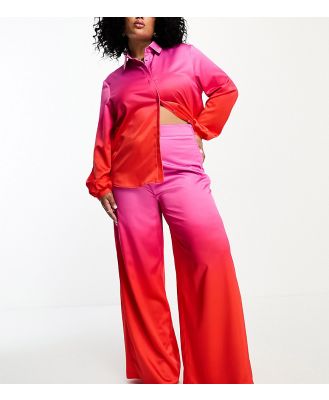 Flounce London Plus pleated wide leg satin pants in pink and red ombre-Multi