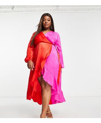 Flounce London Plus satin balloon sleeve ruffle midi dress in contrast pink and red