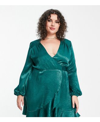 Flounce London Plus wrap front mini dress with balloon sleeve in emerald satin-Green