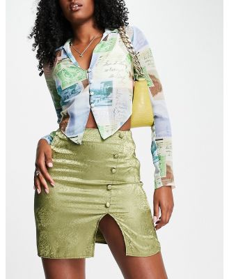 Flounce London satin button up mini skirt in khaki jacquard (part of a set)-Green