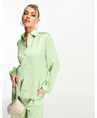 Flounce London satin button up shirt in light khaki (part of a set)-Green