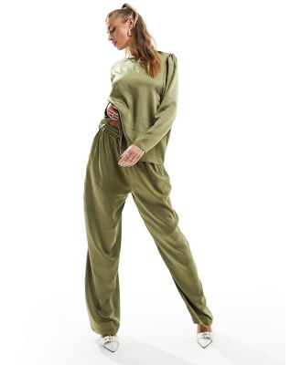 Flounce London satin floaty pants in olive (part of a set)-Green