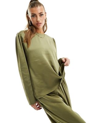 Flounce London satin oversized top in olive (part of a set)-Green