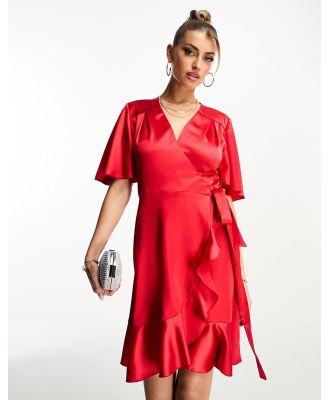 Flounce London wrap front mini satin dress with flutter sleeves in red