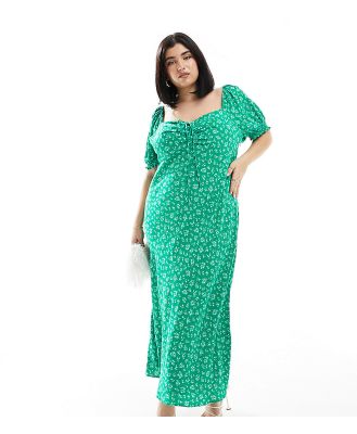 Forever New Curve puff sleeve midi dress in green ditsy floral-Navy