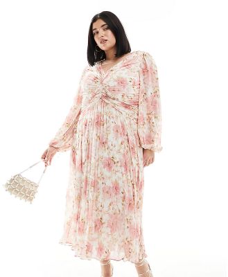 Forever New Curve ruched pleated midaxi dress in pink floral