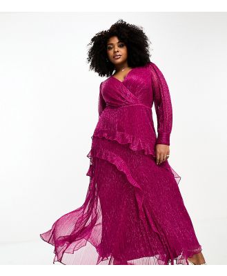 Forever New Curve sheer sleeve cut-out plisse maxi dress in hot pink