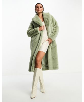 Forever New faux fur maxi coat in soft olive-Green