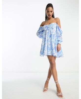 Forever New off shoulder long sleeve mini dress in blue floral