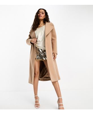 Forever New Petite formal wrap coat with tie belt in camel-Neutral