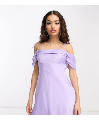 Forever New Petite off shoulder mini dress in lilac satin-Purple