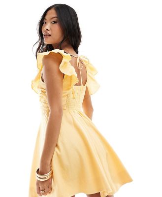 Forever New Petite ruffle shoulder mini dress in yellow