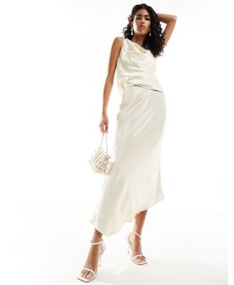 Forever New ruched satin midi skirt in butter bean ivory (part of a set)-White
