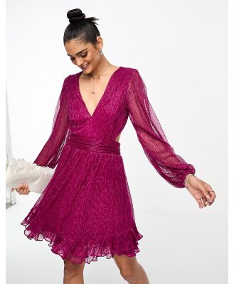 Forever New sheer sleeve plisse mini dress in metallic pink