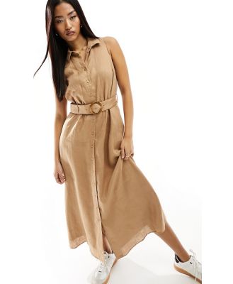 Forever New sleeveless belted linen shirt dress in brown