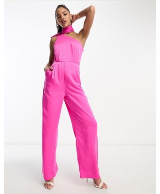 Forever New tie neck jumpsuit in pink satin