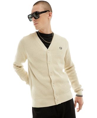 Fred Perry waffle stitch cardigan in oatmeal-Neutral