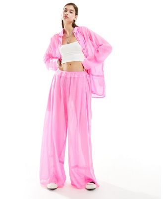 Free People sheer gauzy oversized pants in bright pink (part of a set)