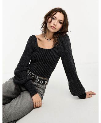 Free People soft puff sleeve square neck jumper in charcoal grey-Black