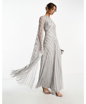 Frock and Frill all over embellished maxi dress with one shoulder cape detail in silver grey
