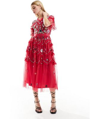 Frock and Frill tiered midi dress with multi embellishment in raspberry-Pink