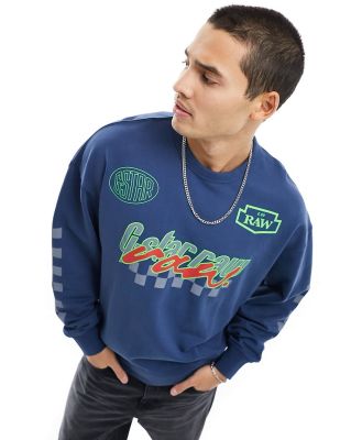 G-Star motorsport oversized sweatshirt in blue with multi placement prints