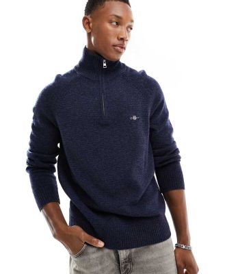 GANT shield logo raglan half zip bicoloured lambswool mix knit jumper in navy marl