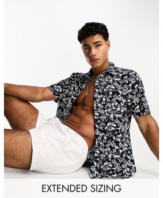 GANT short sleeve floral print cotton linen shirt in navy