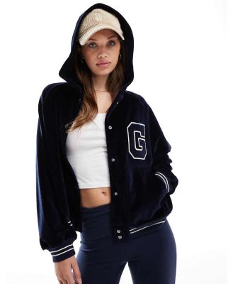 GANT velour hooded bomber jacket with varsity logo in navy