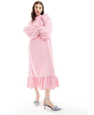 Ghospell balloon sleeve seersucker midi dress in pink