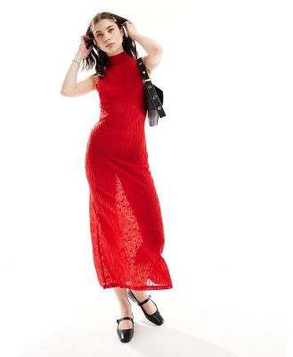 Ghospell high neck textured sheer midi dress in red