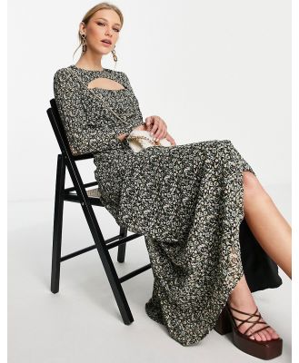 Ghospell long sleeve maxi dress with cut out in dark winter floral-Multi