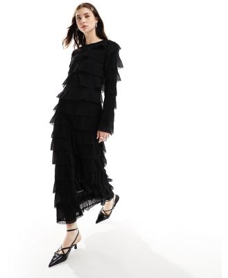 Ghospell long sleeve ruffle midi dress in black