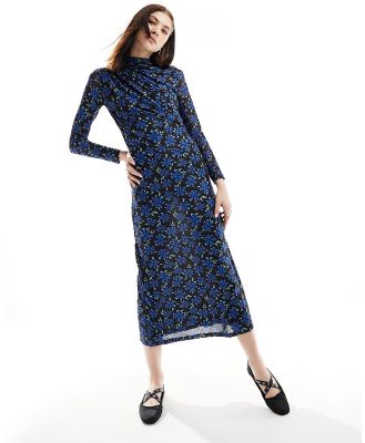Ghospell long sleeve stretch midi dress in cobalt floral-Blue