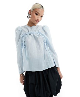 Ghospell ruched bow top in dusty blue