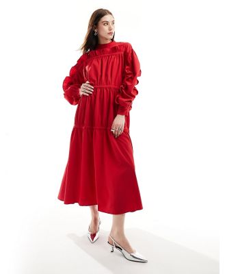Ghospell ruched ruffle sleeve midi dress in red