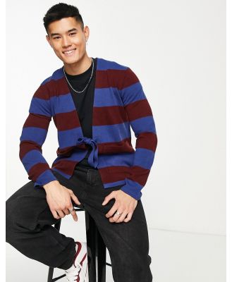 Gianni Feraud tie front cardigan in burgundy and blue stripe
