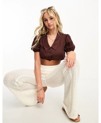 Gilli button front crop top with collar detail in brown