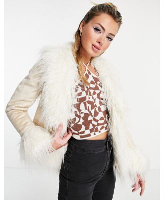 Glamorous 70s faux suede jacket with fluffy trim in cream-Neutral