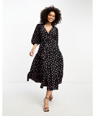 Glamorous balloon sleeve wrap midi dress in black pink spot