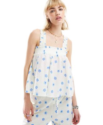 Glamorous cami smock top in blue ditsy (part of a set)-White