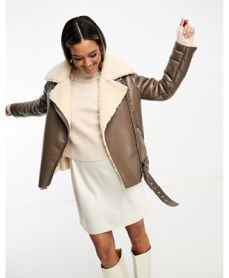 Glamorous chunky aviator jacket in brown and cream shearling